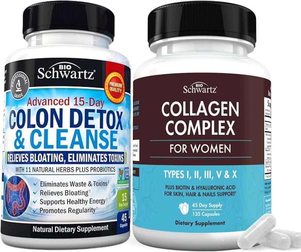 BioSchwartz 15 Day Cleanse for Colon and Gut Health Plus Hydrolyzed Collagen Peptide Capsules (45 Day Supply)