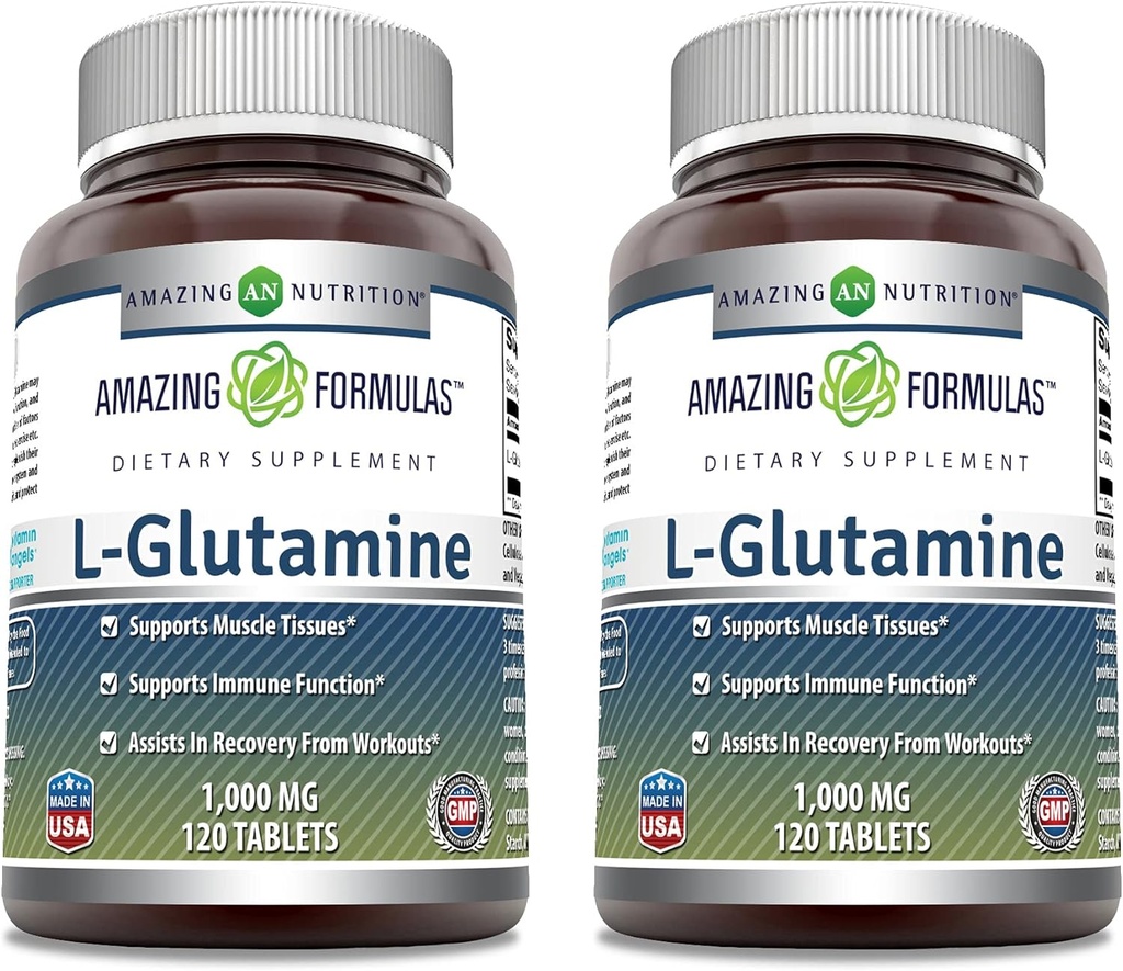 Amazing Formulas L Glutamine 1000 mg Tablets | Amino Acid Supplement for Men & Women | Non-GMO | Gluten Free (2 Pack, 120, Count)