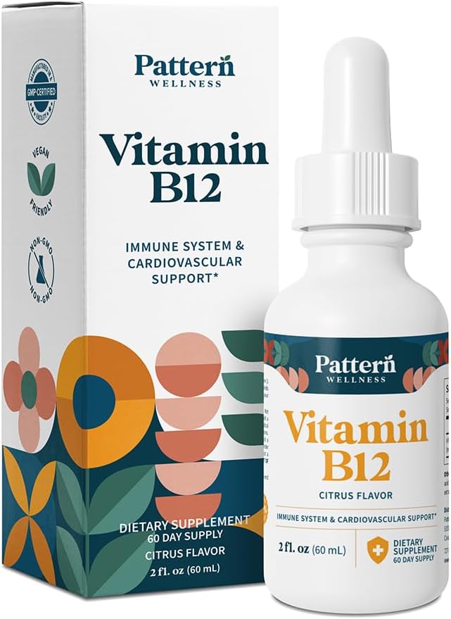 Pattern Wellness Vitamin B12 5000 mcg – Sublingual Liquid Drops – Methylcobalamin, Supports Energy & Immune Health – Vegan Citrus Flavor – 2 fl. oz (60mL), 3rd Party Lab Tested