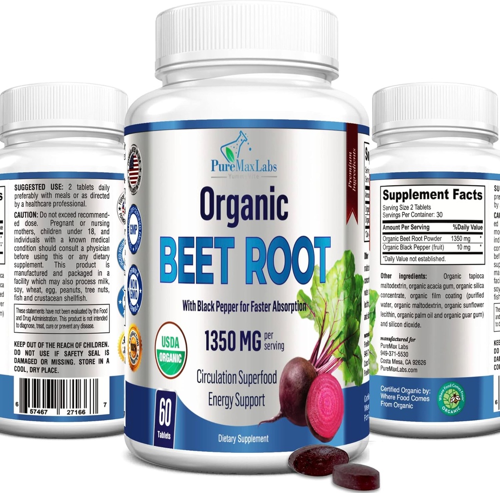 Organic Beet Root Powder Tablets - 1350mg with Black Pepper for Faster Absorption - Boosts Nitric Oxide for Energy and Stamina - 60 Tablets