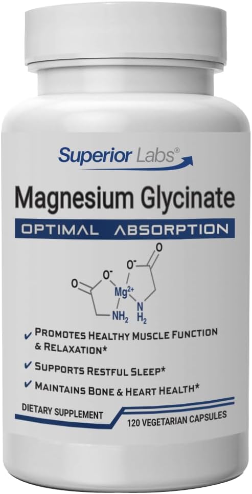 Superior Labs Magnesium Glycinate 250 mg, High-Absorption, Pure Non-GMO, Supports Quality Sleep, Eases Muscle Cramps, Bone & Heart Health,120 Veg Caps