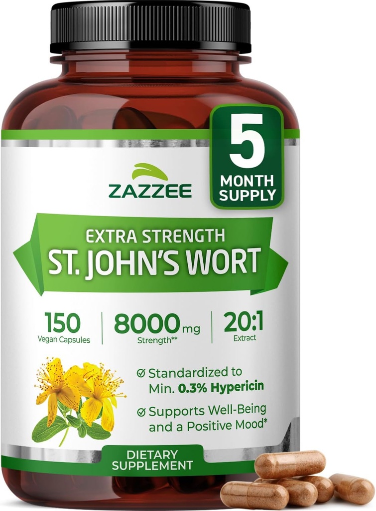 Zazzee Extra Strength St. John’s Wort 20:1 Extract, 8000 mg Strength, 0.3% Hypericin, 150 Vegan Capsules, 5 Month Supply, Concentrated, Standardized 20X Extract, 100% Vegetarian, Non-GMO, All-Natural