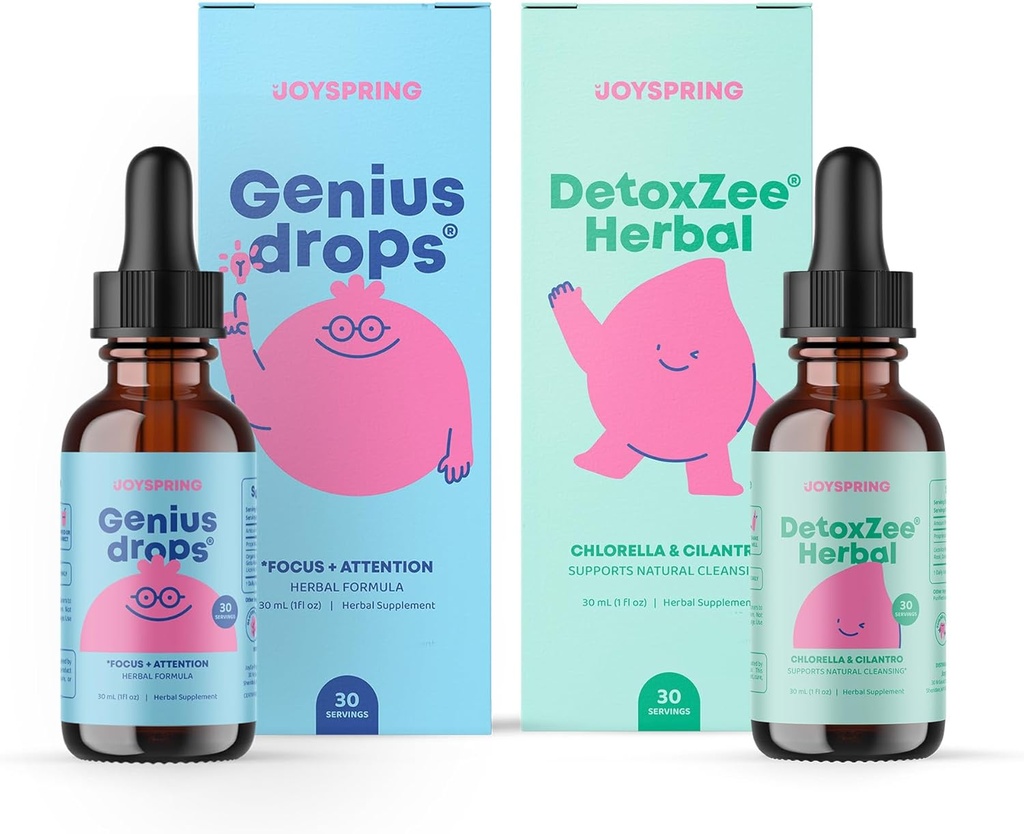 JoySpring Genius Drops & DetoxZee Herbal Bundle | Kids Vitamins Naturally Sourced, Non-GMO, Non-Alcoholic Liquid Formula, Immunity Health Support | Vegan & Vegetarian Supplements