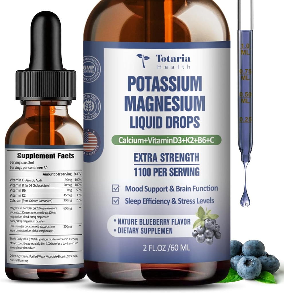 Potassium Magnesium Supplement Liquid Drops - Vitamin K 2 Potassium Supplement Complex Magnesium Glycinate Liquid Citrate Oil High Absorption Potasio Support Bone, Muscle, Leg Cramps, Blueberry
