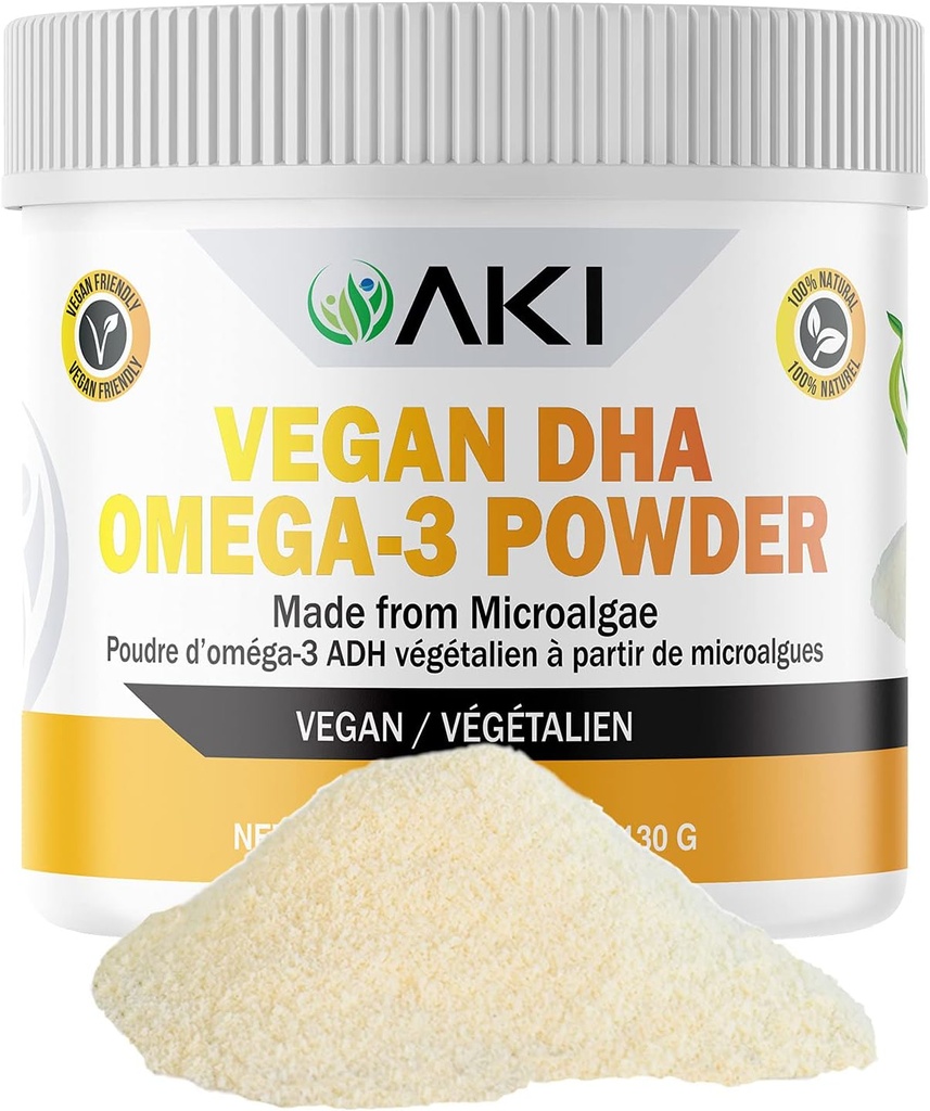 AKI Omega 3 DHA Micro Algae Powder Supplements - Plant Based Keto Vitamin - Alternative to Fish or Krill Oil - Vegan & Non-GMO (4.58oz/130g)