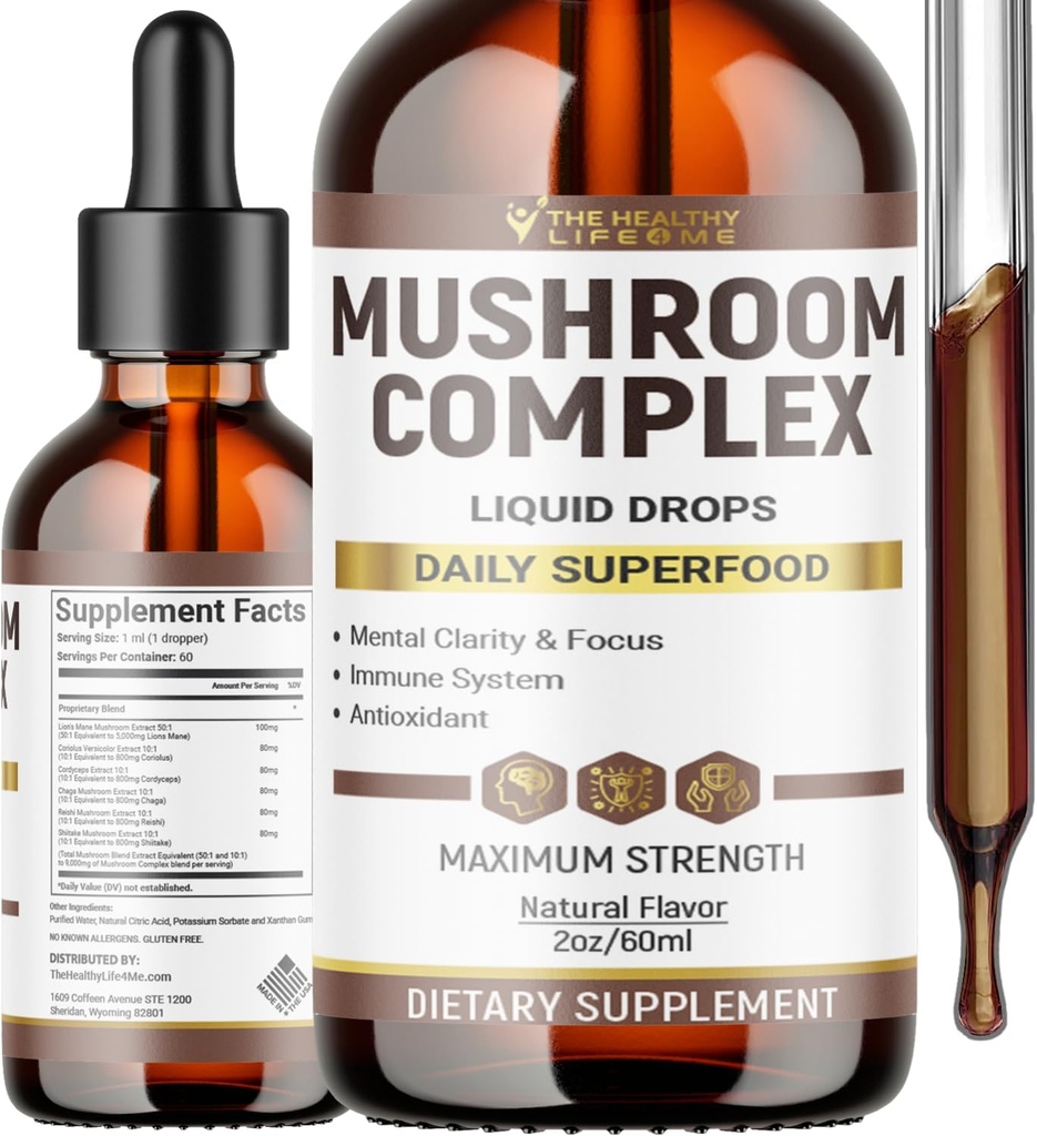 Liquid Mushroom Complex | Herbal Liquid Drops| Mushroom Supplement | Lion's Mane, Reishi, Shiitake, Chaga, Cordyceps, Coriolus Versicolor | NonGMO 2oz - 60 Day Supply