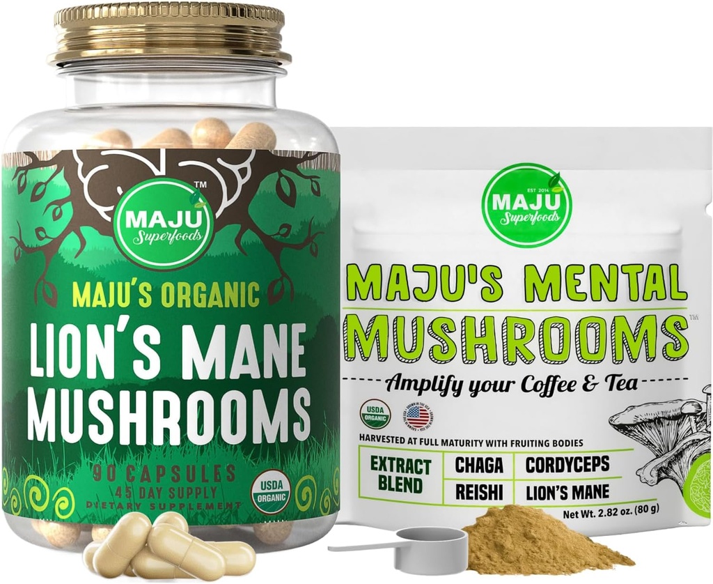Maju Superfoods Lion's Mane Capsules and Mental Mushrooms Powder Bundle