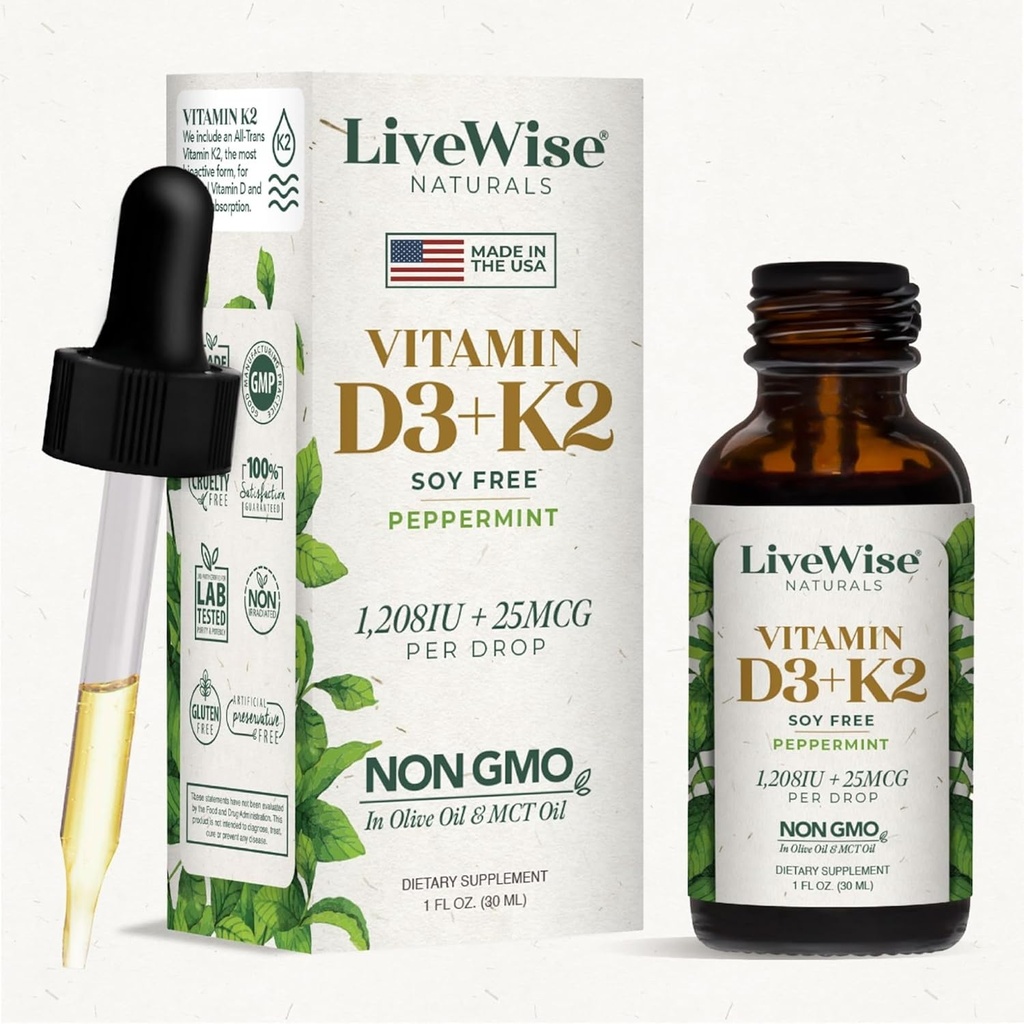LiveWise Naturals Vitamin D3 with K2 Liquid Drops, All Natural, Non-GMO, USA Made, 1208 IU Vitamin D3 & 25 mcg K2, Supports Bone Health and Energy Levels, Infused with Peppermint, Olive, and MCT Oil