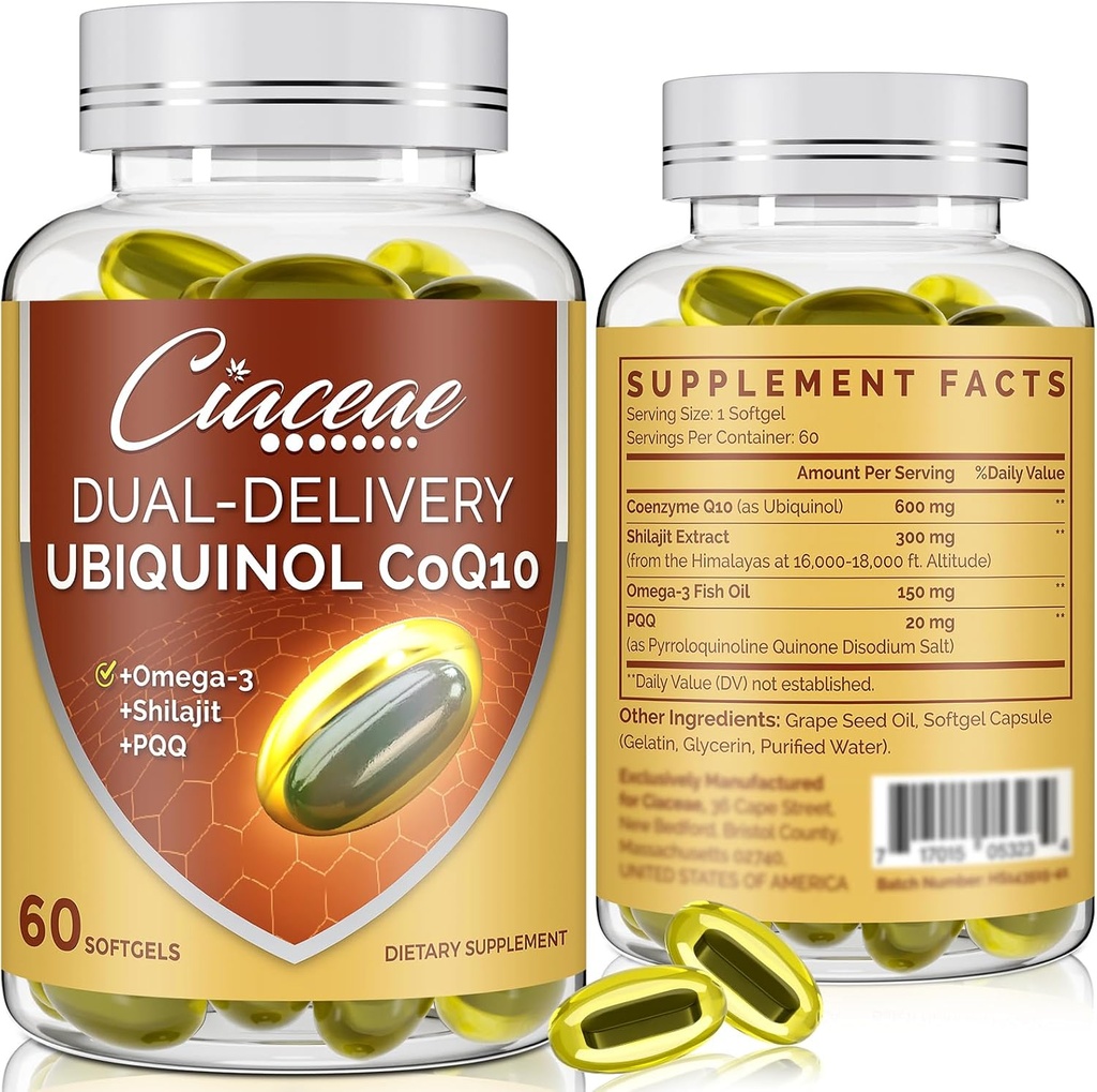 Ubiquinol CoQ10 600 MG Softgels with Omega-3 & Shilajit & PQQ, Advanced Dual-Delivery Coenzyme-Q10, Active CoQ10 Ubiquinol Supplement for Fertility, Antioxidant, Heart, Brain & Energy, 120 Servings