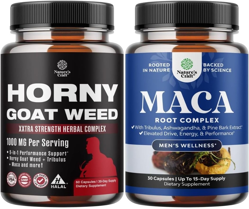 Bundle of Horny Goat Weed with Tongkat Ali, Saw Palmetto & Panax Ginseng Extract for Stamina & Energy and Potent Black Maca Root Capsules with Siberian Ginseng Ashwagandha - Men’s Wellness Supplement