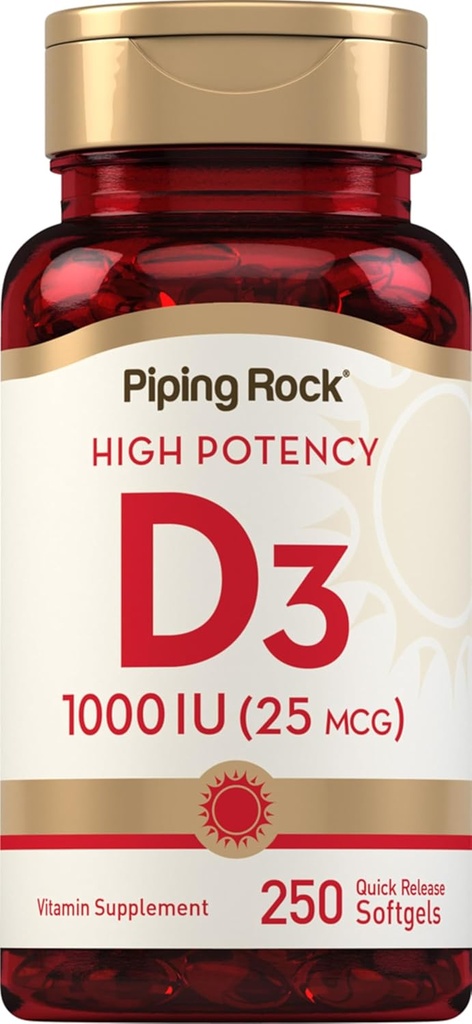 Piping Rock Vitamin D3 1000IU | High Potency (25 mcg) | 250 Softgels | Non-GMO, Gluten Free Supplement