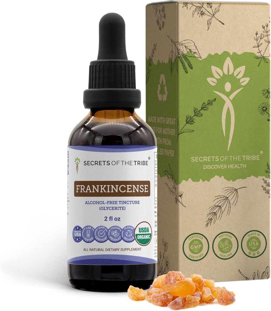 Secrets of the Tribe Frankincense USDA Organic Tincture Alcohol-Free Extract, Frankincense (Boswellia Serrata) Dried Resin 2 oz