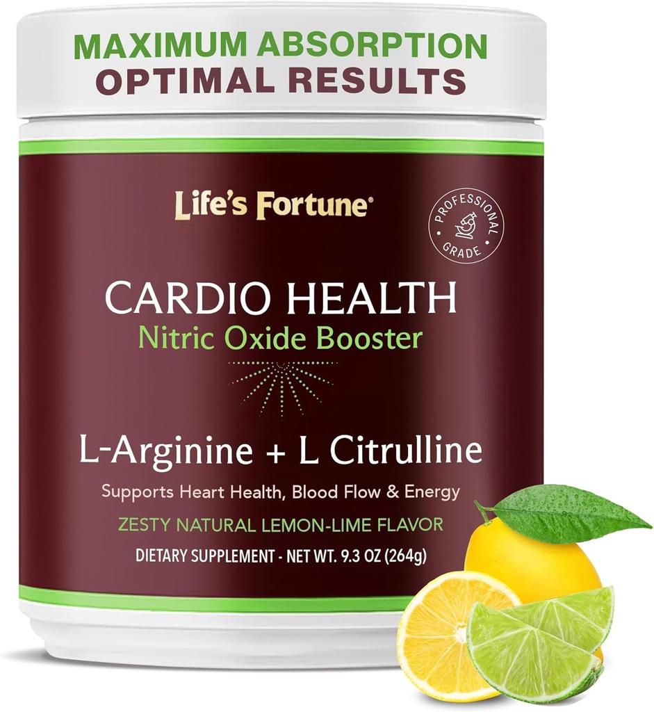 Life's Fortune L Arginine L Citrulline Supplement Powder - High Potency Nitric Oxide Supplement Booster with Natural Lemon Lime Flavor - Cardio Health, Blood Pressure and Vascular Support - 258g