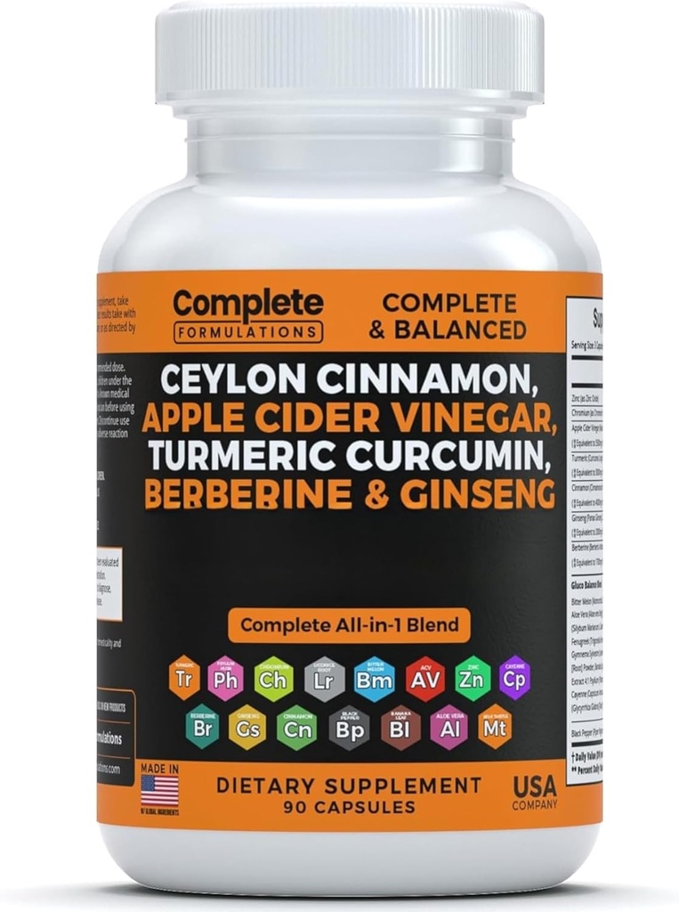 Ceylon Cinnamon Capsules with Berberine, Apple Cider Vinegar, Turmeric Curcumin, Ginseng, Zinc, Milk Thistle, Bitter Melon, Fenugreek & More