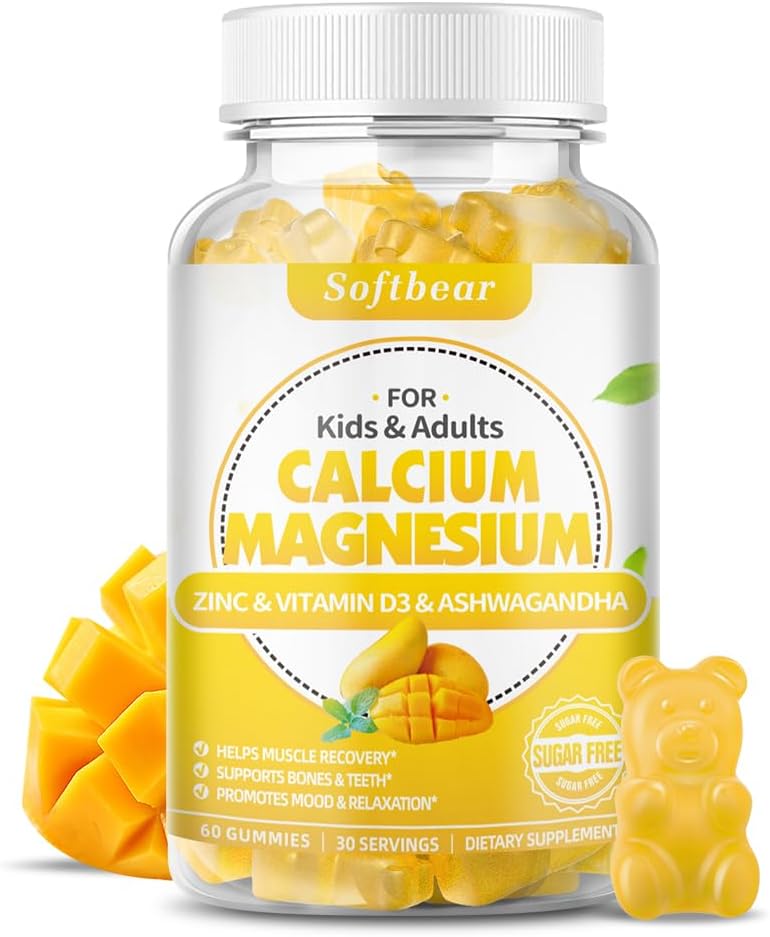 softbear Calcium Magnesium Zinc Gummies for Women & Men, High Absorption Calcium Magnesium Supplement for Bone Strength & Immune Health, Vegan/Sugar-Free, Mango Flavor 60 Count