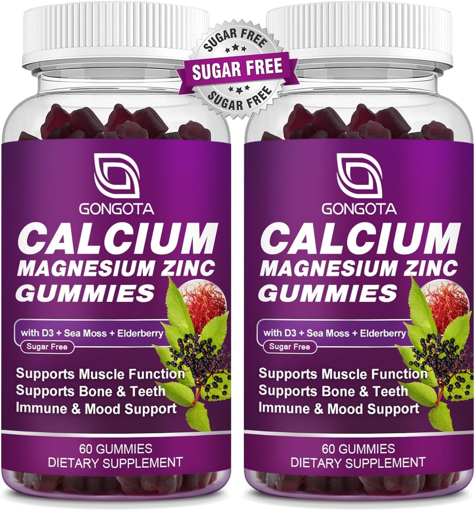 Calcium Magnesium Zinc with Vitamin D3 Supplement, Highly Absorbent Calcium Gummies with 300mg Magnesium glycinate Support Bone & Teeth, Muscle for Adults and Teens,Sugar Free, Vegan (2 Pack)