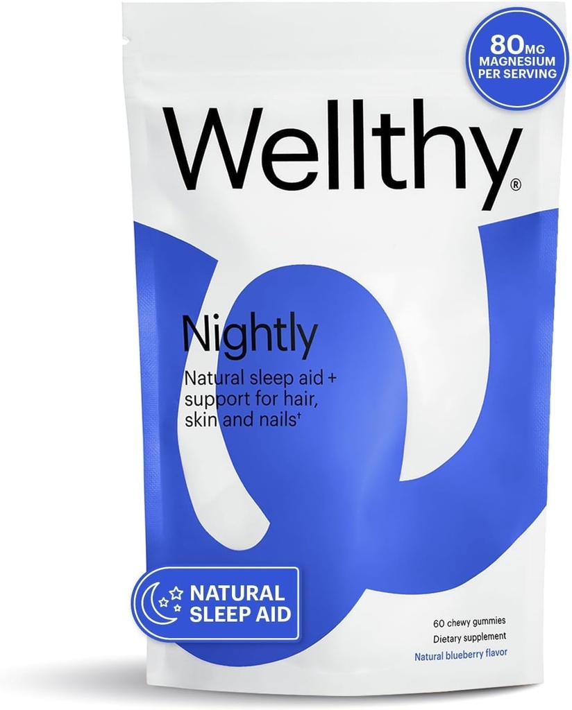Wellthy Nightly Sleep Aid Gummies for Adults with Melatonin, Magnesium & Valerian Root Sleep Support Gummy to Promote Rest & Relaxation, Supports Hair, Skin & Nails (Blueberry)