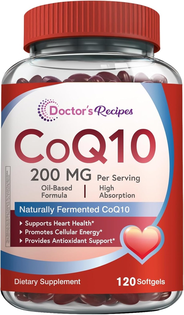 Doctor's Recipes CoQ10 200mg Per Serving, High Absorption Coenzyme Q10 Supplement with Olive Oil, Heart & Vascular Health, Energy Production & Antioxidant Support, 2 Month Supply, 120 Softgels