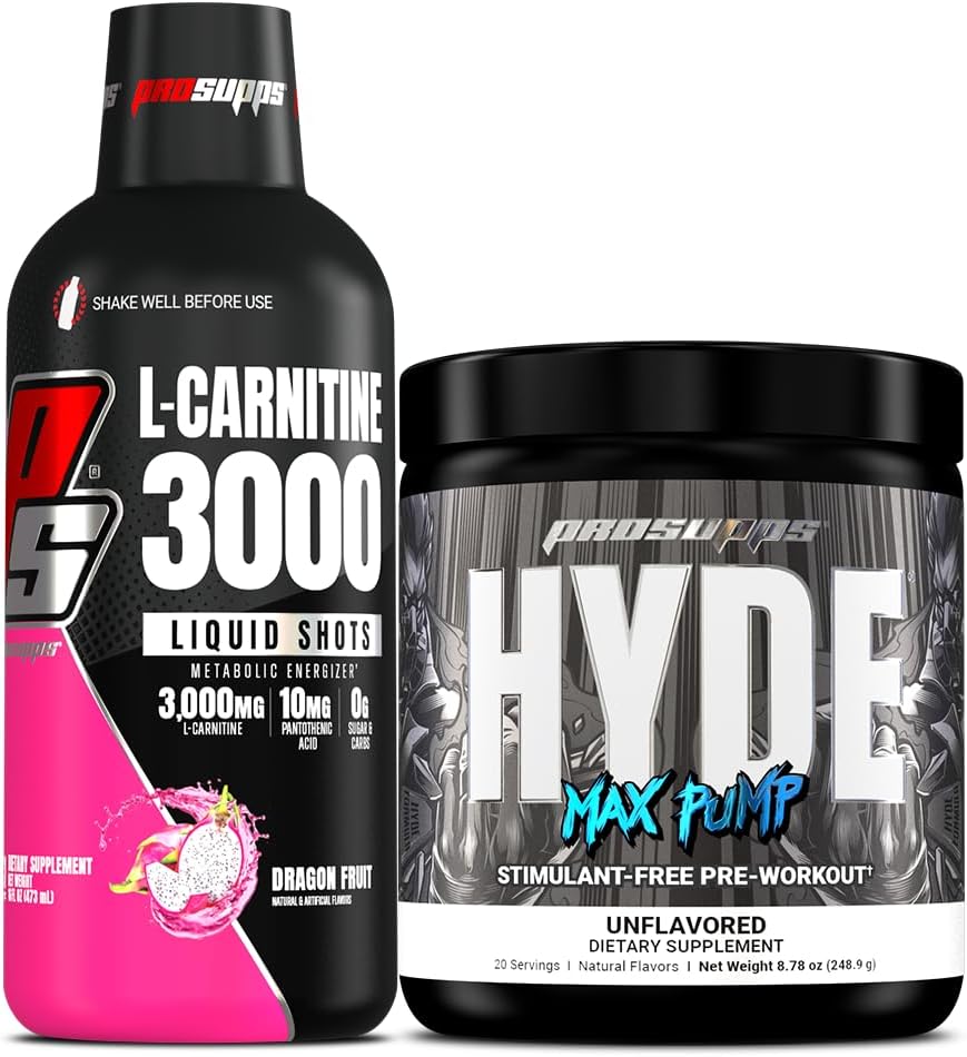 PROSUPPS L-Carnitine 3000 Stimulant Free Liquid Shots (31 Servings, Dragon Fruit) and Hyde Max Pump Pre Workout for Men and Women (20 Servings, Unflavored) Bundle