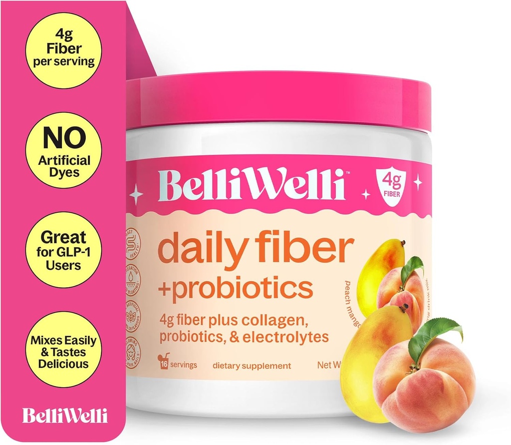 BelliWelli Fiber Supplement for Women & Men – Premium Daily Fiber Powder from Organic Acacia with Added Collagen, Electrolytes & Probiotics – No Bloat, Constipation & Gut Health Support (Peach Mango)
