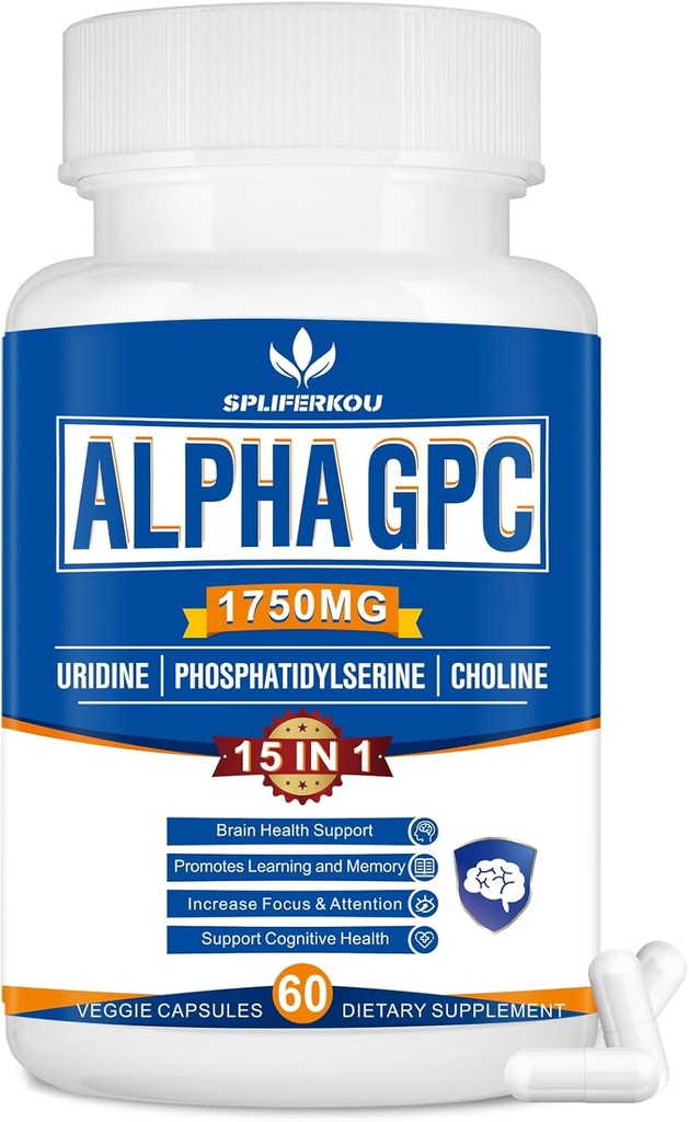 15-in-1 Alpha GPC Supplement with Phosphatidylserine, Uridine, L-Theanine, Lion's Mane Mushroom, 60 Capsules