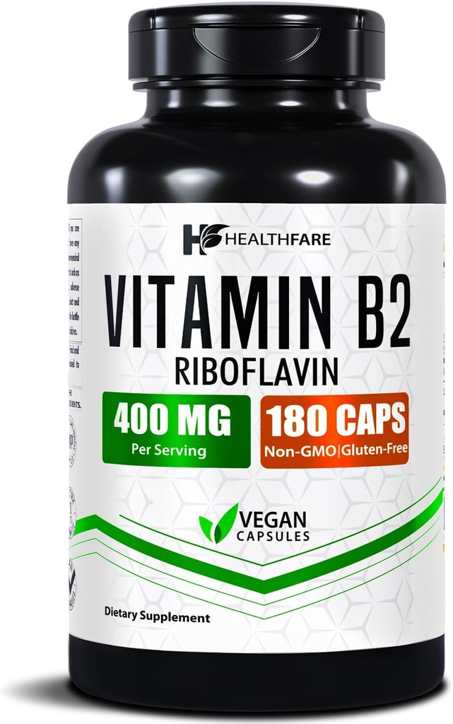 Healthfare Vitamin B2 Riboflavin 400mg | 180 Vegan Capsules | High Potency | Non-GMO | Gluten-Free | Made in USA