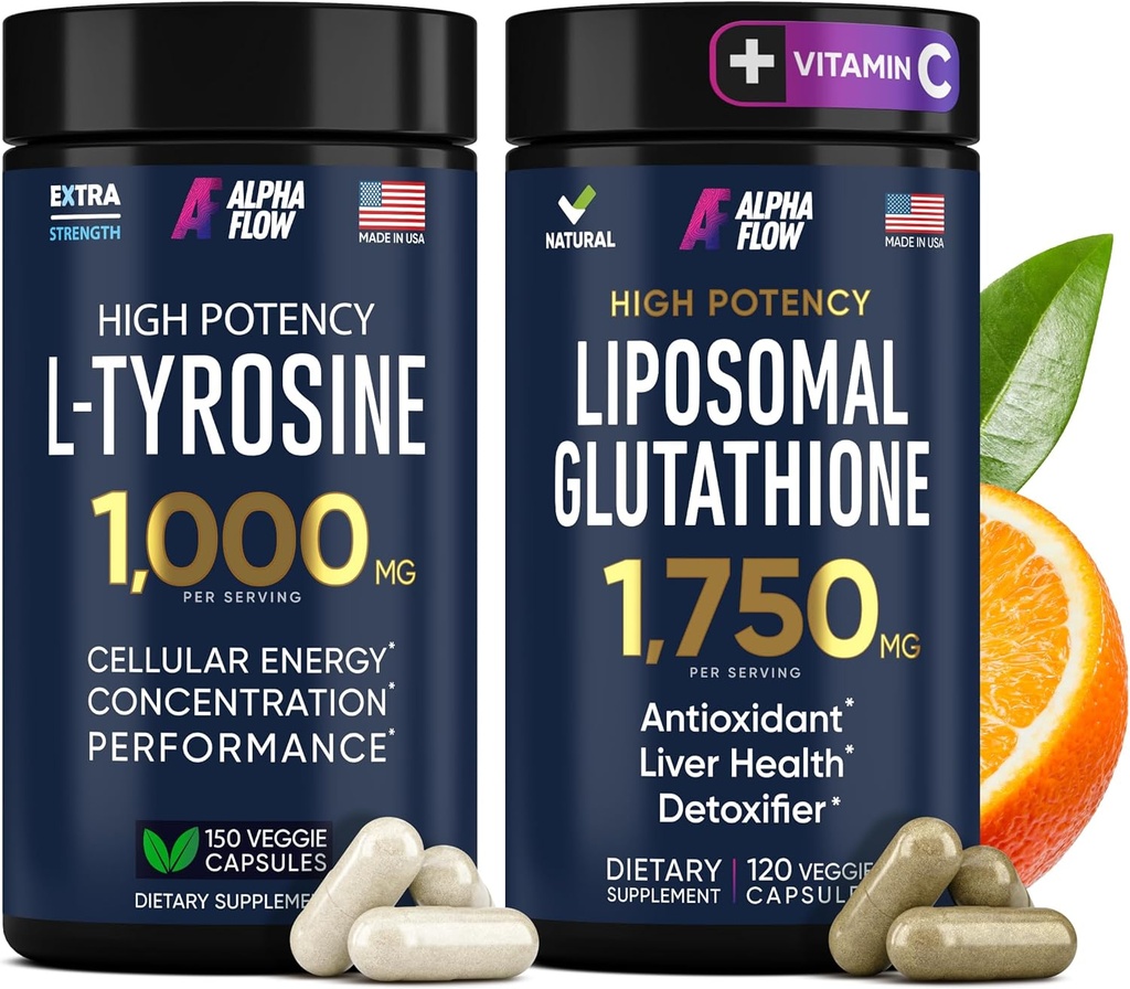 Alpha Flow (Bundle) L Tyrosine 1000mg & Liposomal Glutathione 1750mg - All-Natural Focus, Energy, and Liver Support - Non-GMO, Gluten-Free, Vegan - 270 Capsules Total