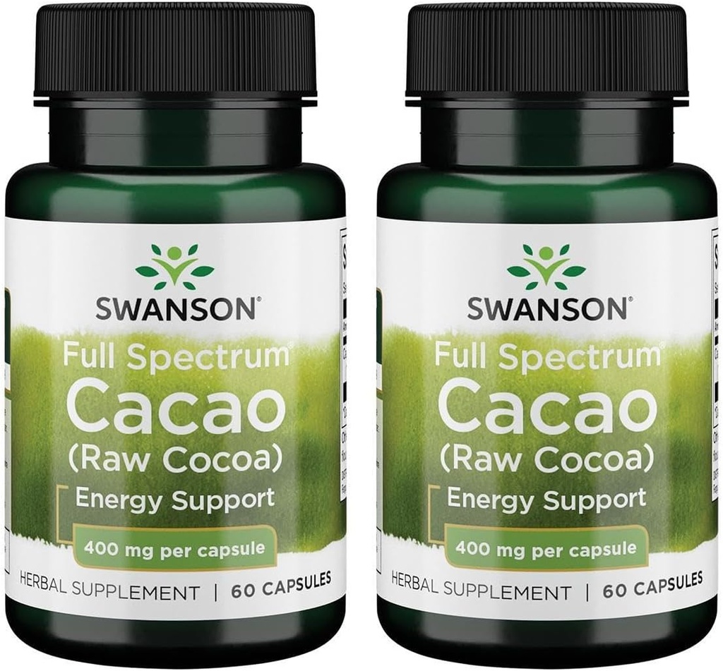 Swanson Full Spectrum Cacao (Raw Cocoa) - Herbal Supplement Promoting Mild Energy Support - Traditional Whole Fruit Formula - (60 Capsules, 400mg Each) (2 Pack)