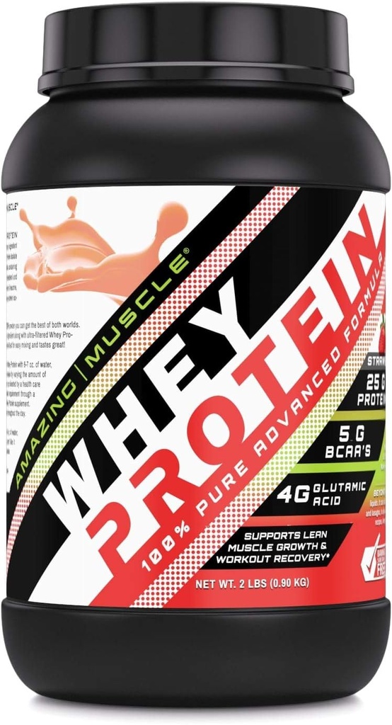 Amazing Muscle 100% Whey Protein Powder *Advanced Formula with Whey Protein Isolate as a Primary Ingredient Along with Ultra Filtered Whey Protein Concentrate (Strawberry, 2 lb)