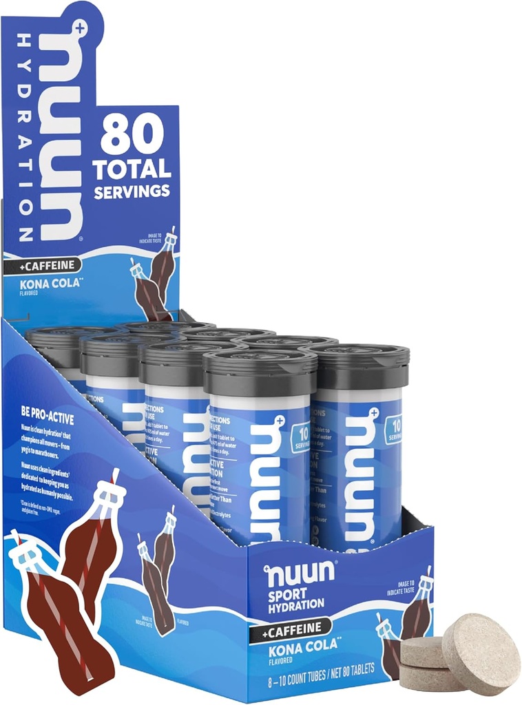 Nuun Sport + Caffeine Electrolyte Tablets - Dissolvable in Water, Kona Cola Flavor, 5 Essential Electrolytes for Hydration, 1g Sugar Drink Mix, Vegan, Non-GMO, 8 Pack (80 Total Servings)
