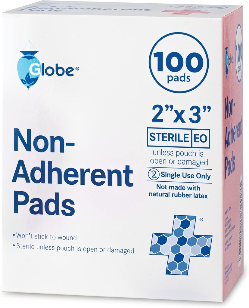 Globe Sterile Non-Adherent Pads, (100-Pack), 2” x 3” Non-Adhesive Wound Dressing. Highly Absorbent & Non-Stick, Painless Removal-Switch. Individually Wrapped for Extra Protection (2 x 3)
