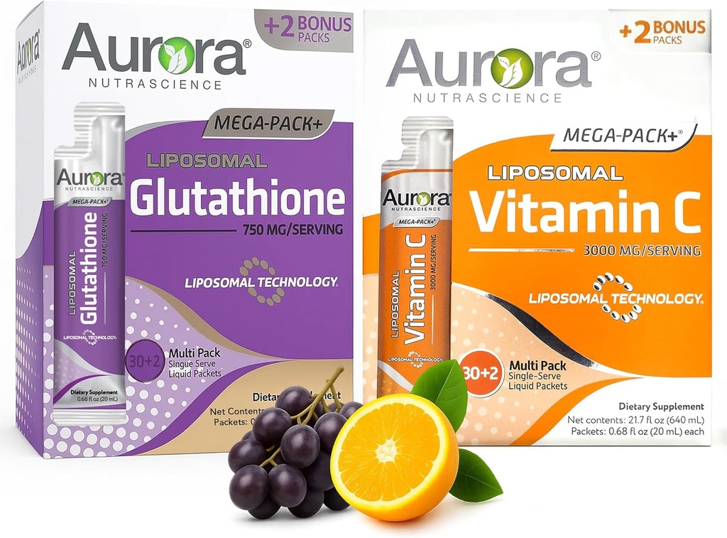 Vida Lifescience Aurora Nutrascience Mega Vitamin C & Glutathione Bundle, 64 Packets | Immune & Antioxidant Support