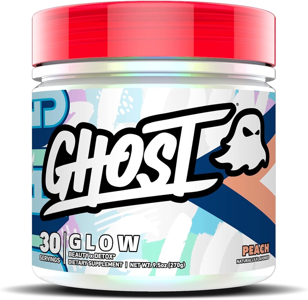 GHOST Glow: Beauty and Detox Support Formula - 30 Servings, Peach - Skin Boosting Biotin and L-Theanine for Antioxidants for Hydration Radiance, Complexion and Nourishment - Vegan, Gluten-Free
