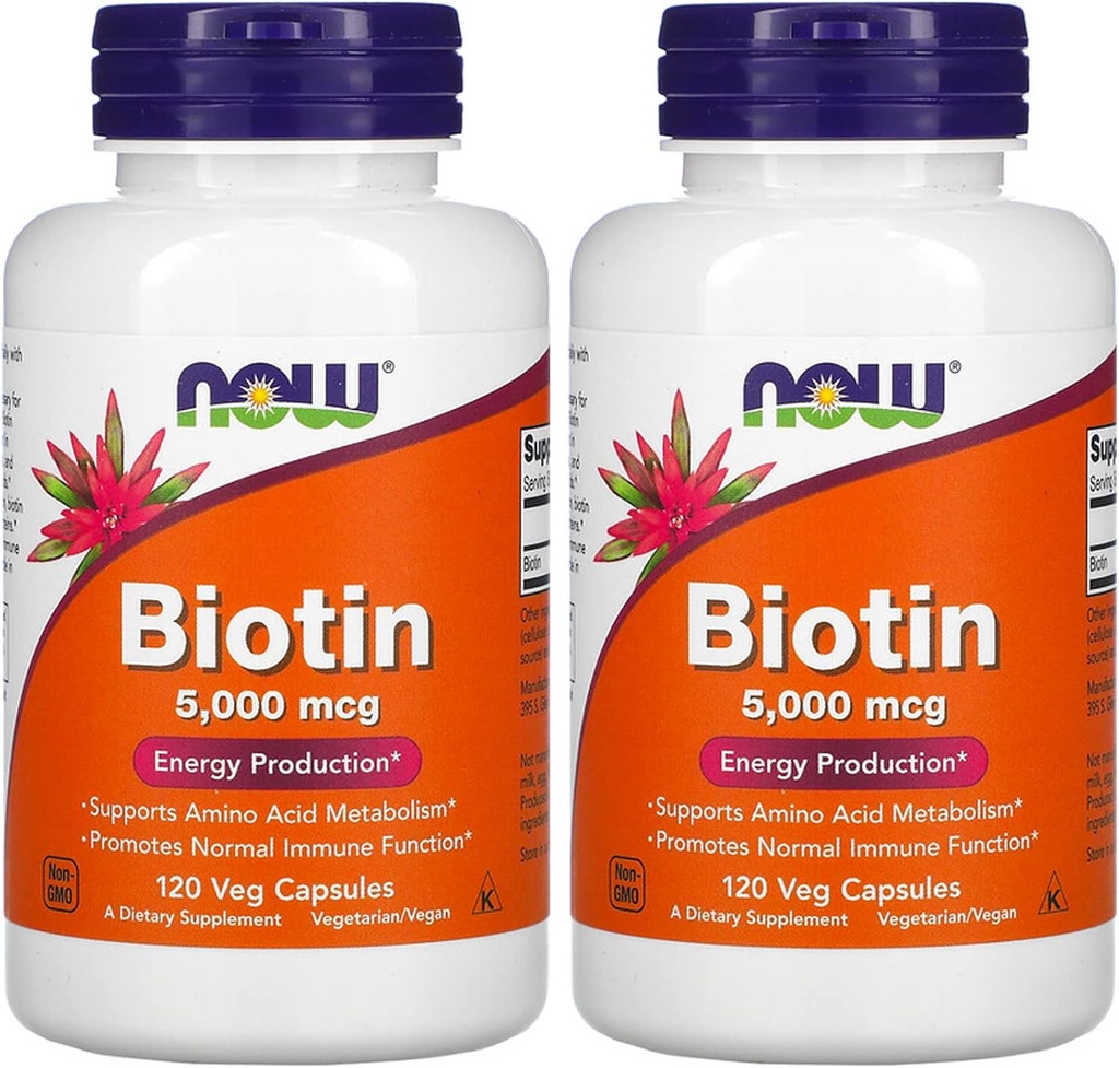 NOW Biotin 5,000 mcg - 120 VCaps (Pack of 2 Bottles)