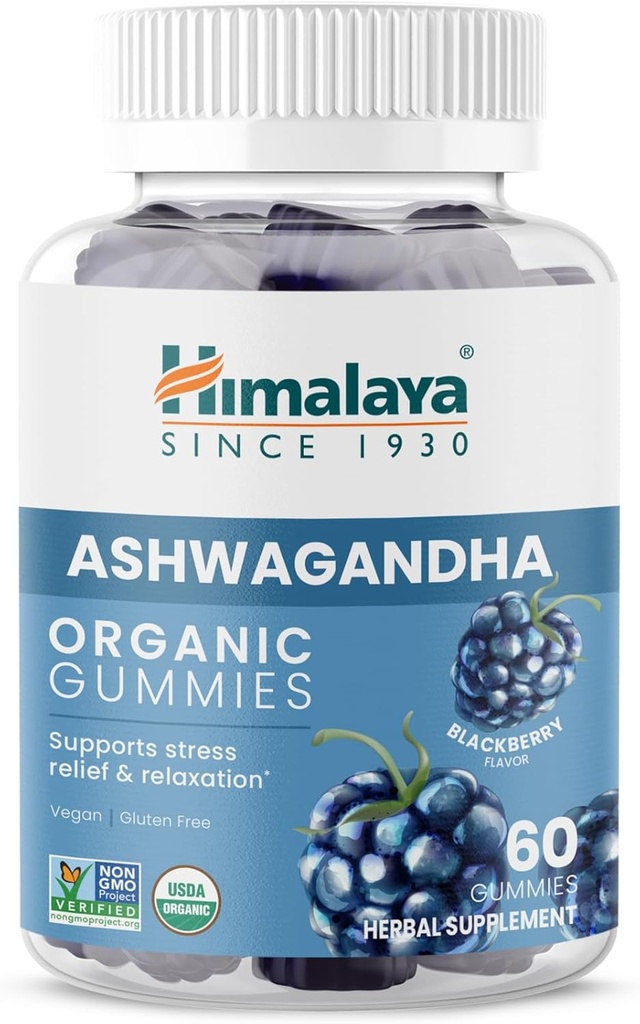 Himalaya Ashwagandha Organic Gummies, KSM-66 Organic Ashwagandha to Help with Stress Relief, Energy and Relaxation, 60 Gummies with Delicious BlackBerry Flavor