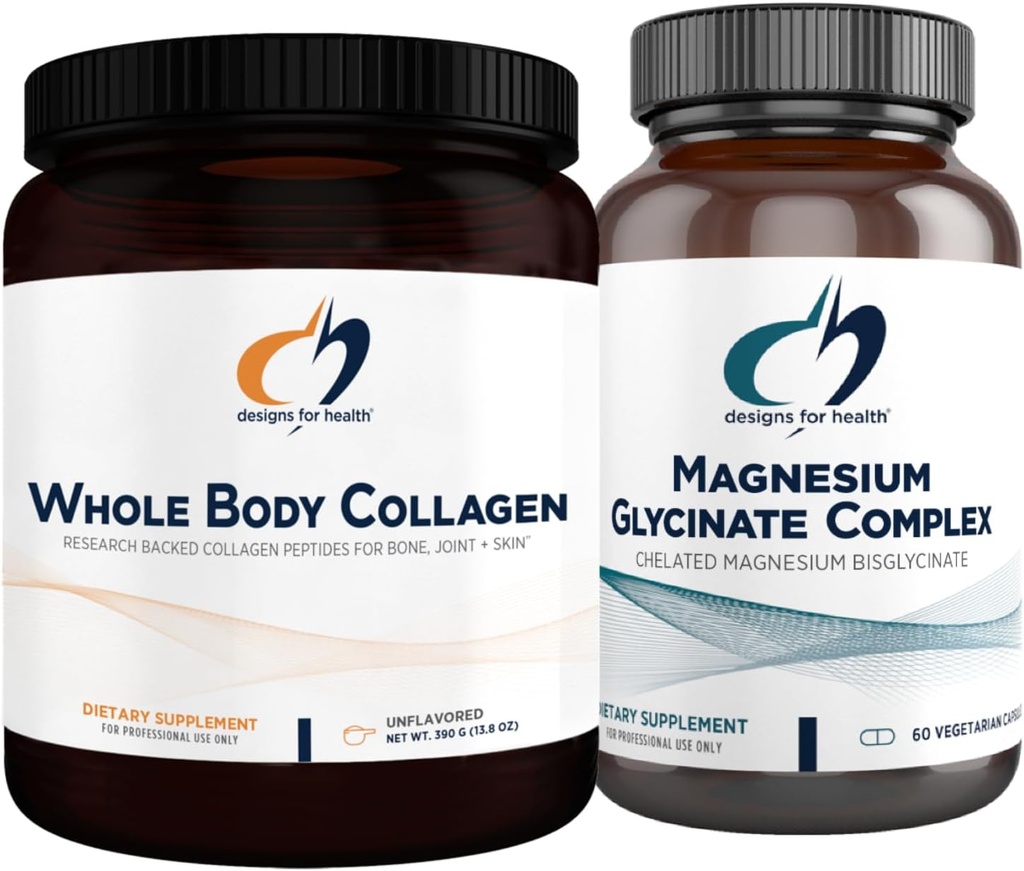Designs for Health Magnesium Glycinate Complex (60 Capsules) & Whole Body Collagen (30 Servings) Bundle - High Absorption Magnesium with Premium Collagen Powder to Support Bones, Skin & Joints