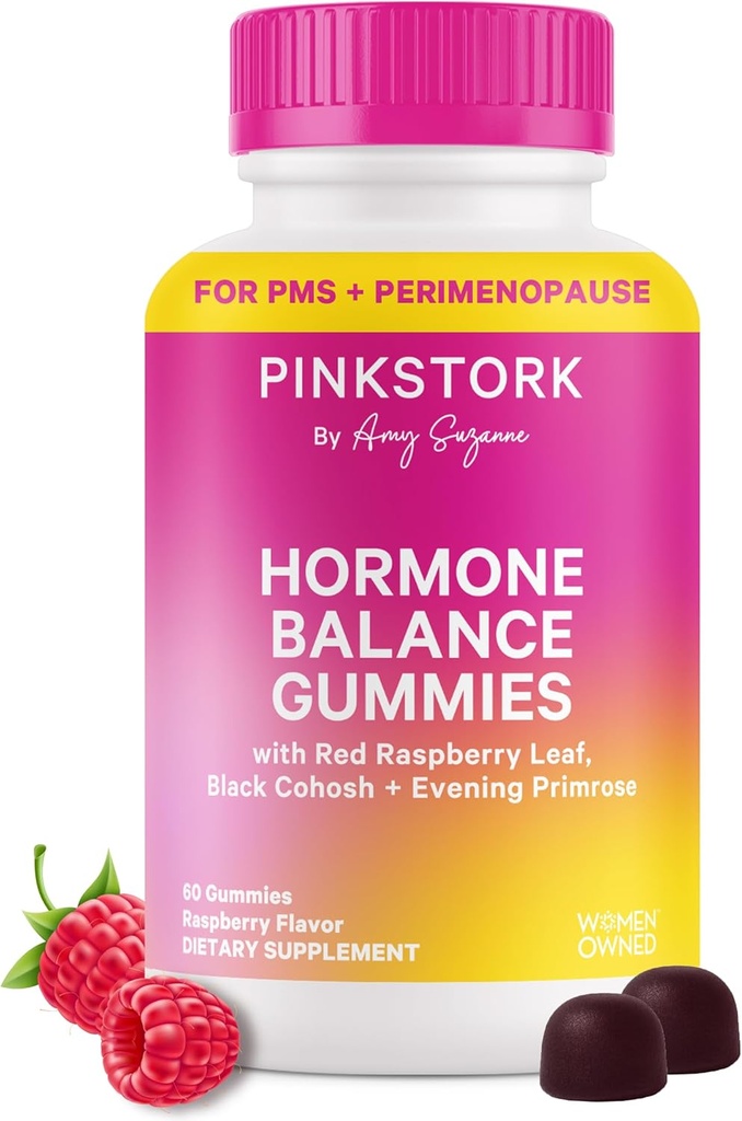 Pink Stork Hormone Balance Gummies for Women – PMS, Menopause & Estrogen Support – Mood, Bloating, Hot Flashes & Energy – Red Raspberry Leaf, Black Cohosh, Primrose – 60 Vegan Gummies