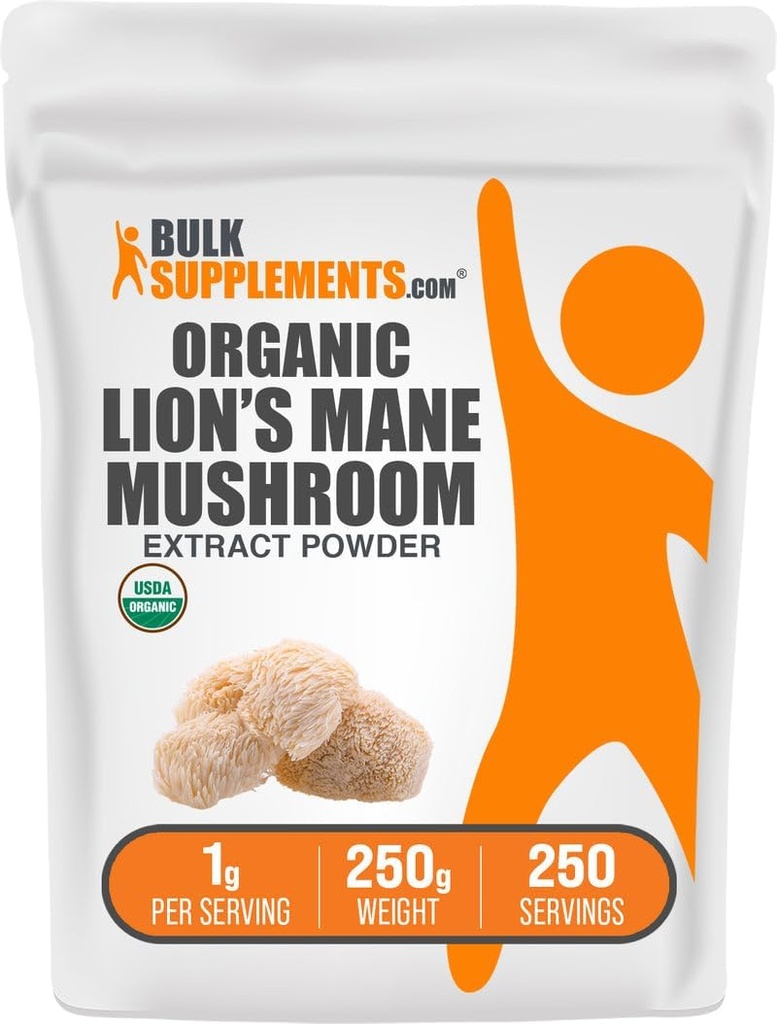 BulkSupplements.com Organic Lion's Mane Mushroom Extract Powder - Lions Mane Supplement Powder, Superfood for Well-Being - Vegan, 1g per Serving, 250g (8.8 oz) (Pack of 1)