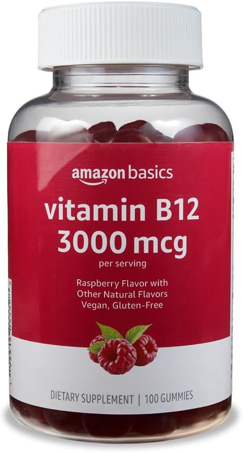 Amazon Basics Vitamin B12 3000 mcg, Normal Energy Production and Metabolism, Immune System Support, 100 Gummies (2 per serving), Pack of 2, Raspberry (Previously Solimo)