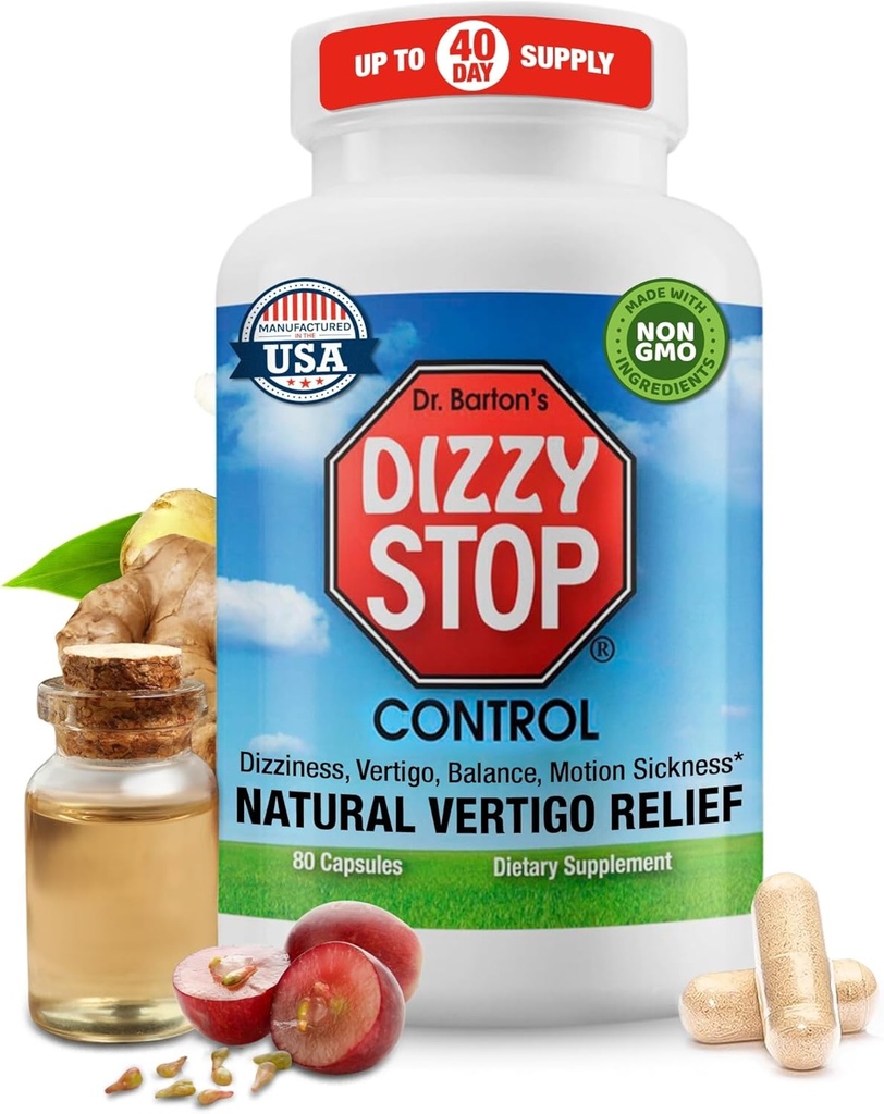 Vertigo Relief Product & Non‑Drowsy Motion Sickness Pills: Nausea and Dizziness, Ginger & Grape Seed Formula, Inner Ear Balance, Car, Cruise & Travel Essential, Stomach Support, Sea Sickness, 80‑Count