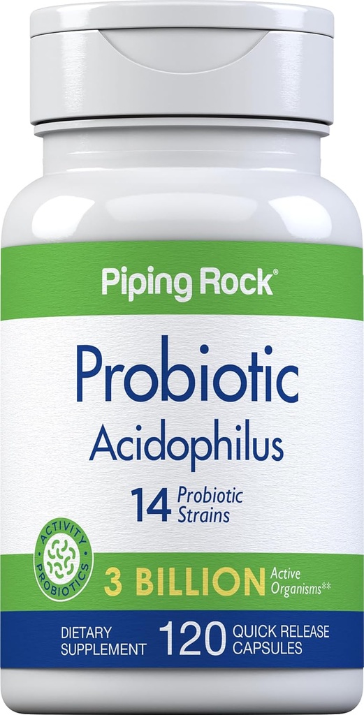 Piping Rock Probiotic Acidophilus Capsules | 3 Billion Active Organisms per Serving | 120 Pills | 14 Strains Supplement for Women and Men | Non-GMO, Gluten Free