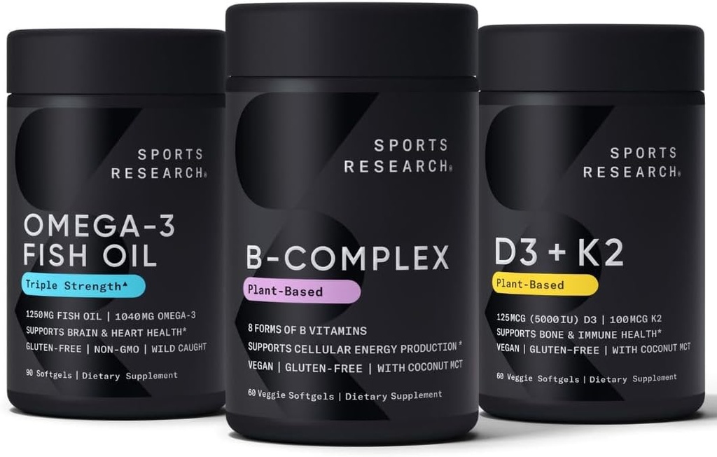 Sports Research Vitamin B-Complex - Full Spectrum of B Vitamins (Plant-Based Vegan-Friendly), Triple Strength Omega 3 Fish Oil & Plant Based Vitamin K2 MK7 + Vegan D3 5000iu