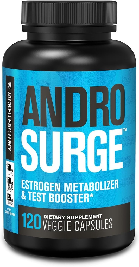 Jacked Factory Androsurge Estrogen Blocker for Men - Natural Testosterone Booster for Men & Estrogen Metabolizer with Tongkat Ali, DIM, Long Jack & More - Test Booster & Muscle Builder - 120 Count