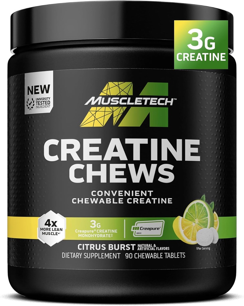 MuscleTech Creatine Chews - Creapure Monohydrate Supplement for Muscle Recovery, Muscle Builder & Energy Boost - Pre Workout Supplement for Men & Women - 90 Chewable Candies, Citrus Burst