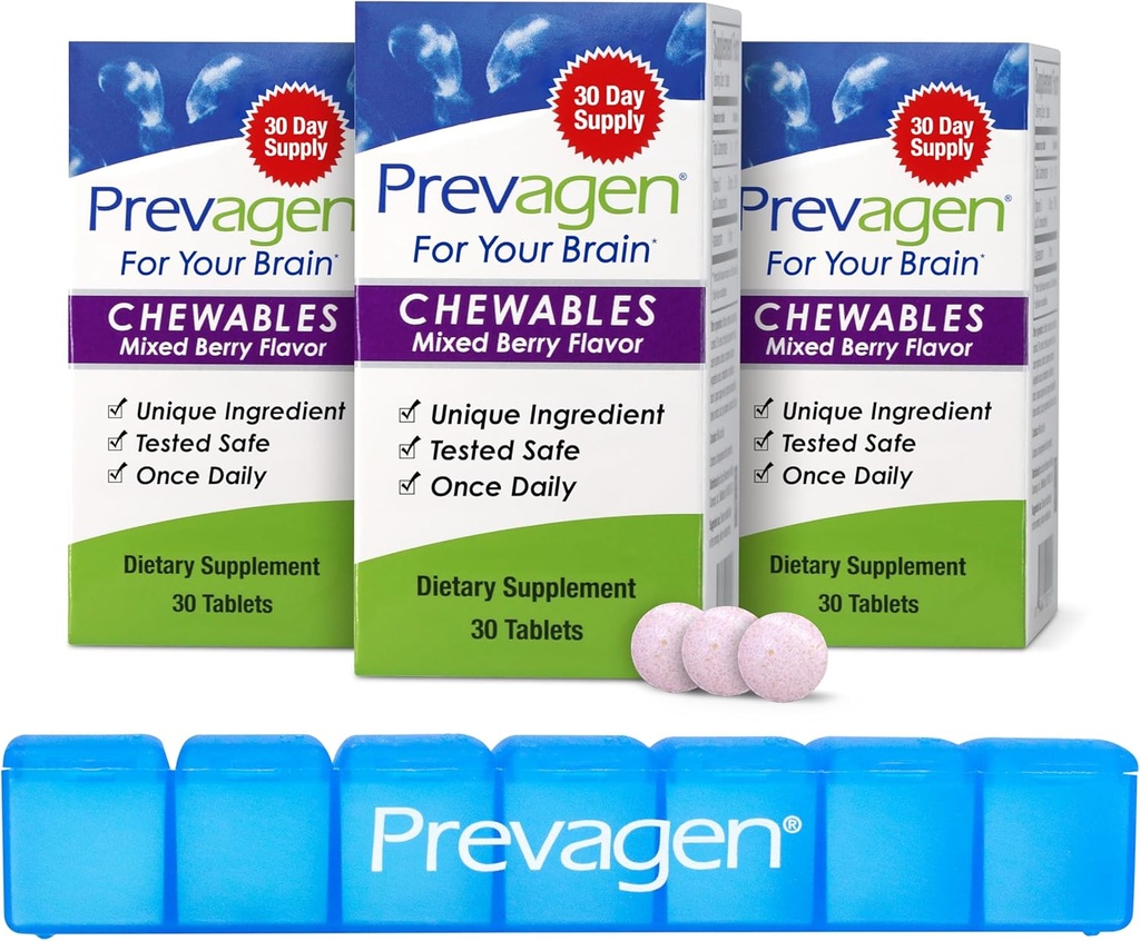 Prevagen Regular Strength Mixed Berry Chewables - 90 Tablets (3 Month Supply) | Formulated for Your Brain | 10mg of Apoaequorin Plus Vitamin D3 with 7-Day Pill Minder