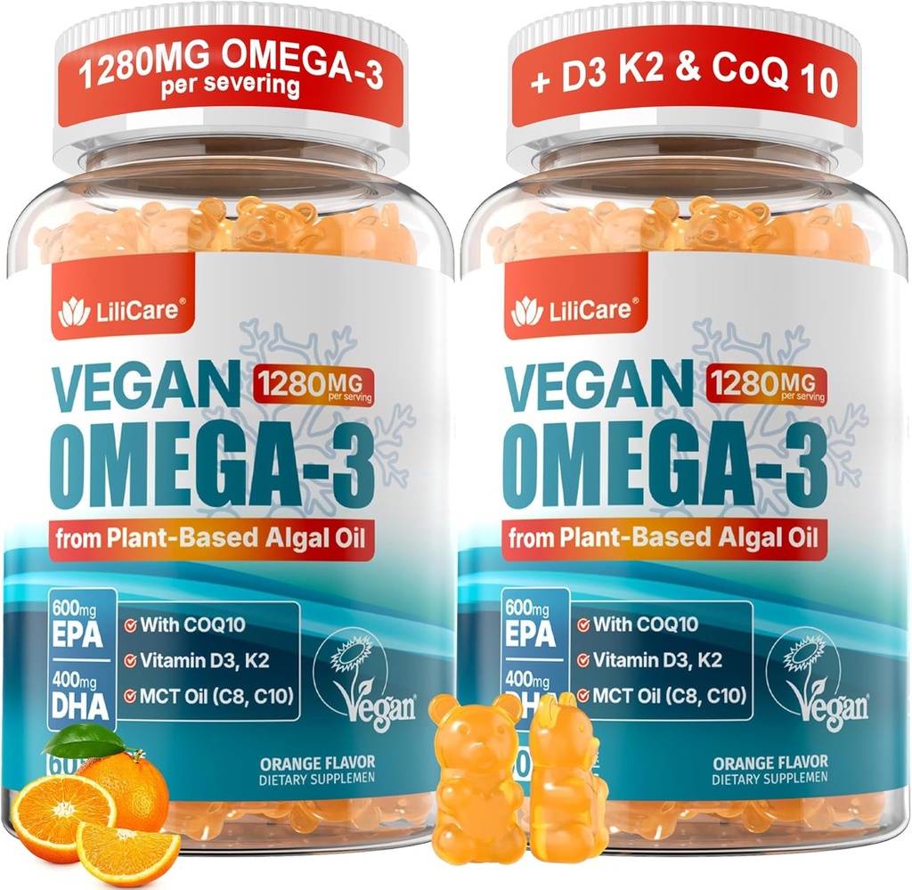Vegan Omega-3 Gummies 1280mg + COQ10+ Vitamin D3 K2 (MK7), Omega 3 Fish Oil Alternative for Adults w/EPA 600mg & DHA 400mg & MCT Oil, No Fish Taste from Marine Algae, for Brain, Eye, Immunity, 2 Pack