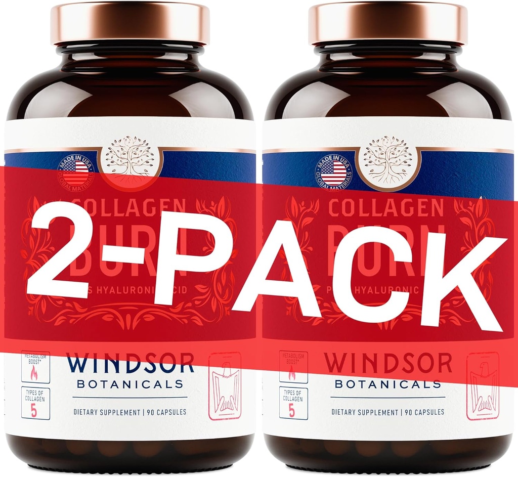 Thermogenic Multi Collagen Burn Capsules - Hydrating Hyaluronic Acid, Marine Collagen Supplements for Women and Men & Vitamin C - Hydrolyzed Collagen Complex 5 Types- 2-Pack, 180 Pills