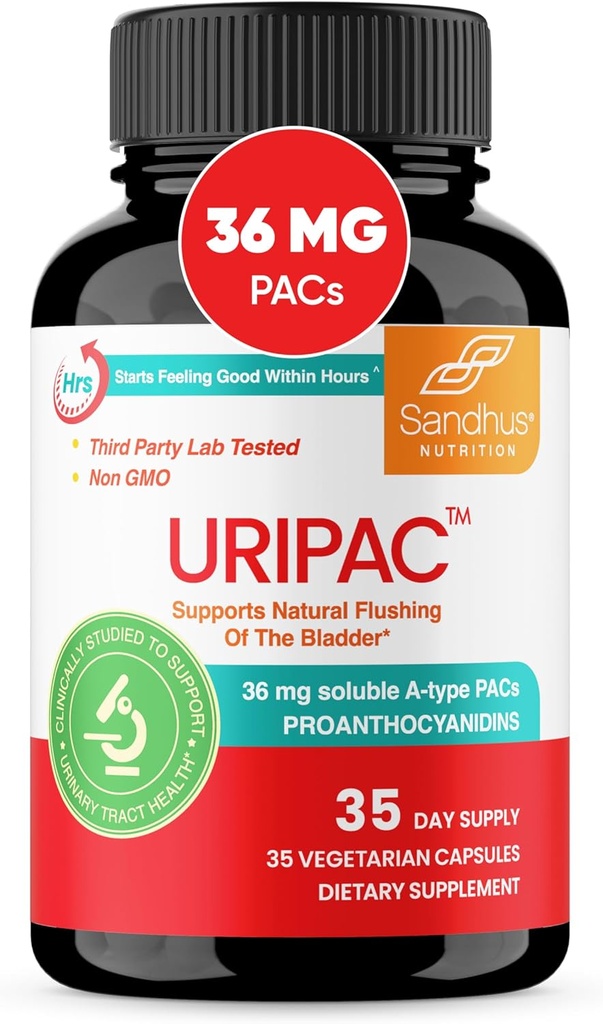 Sandhu's Uripac 36mg PACs clinically Proven 35 Capsules with 9X High Strength Cranberry Extract | Supports UTI Avoidance, Kidney Cleanse Detox and Repair| All Natural and Sugar Free Pills for Women