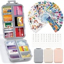 3 Pack 14 Grids Travel Pill Organizer Box with 415-Pcs Medicine Name Labels - Pocket Daily Pharmacy Case Container Kit - Travel Medication Holder Dispenser for Fish Oil Vitamin Supplement Storage