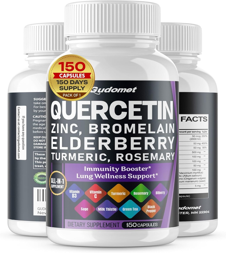 Quercetin Bromelain Zinc Vitamin D3 Elderberry Turmeric Rosemary Bilberry Sage Odorless Garlic Green Tea Milk Thistle Oregano -150 Capsules
